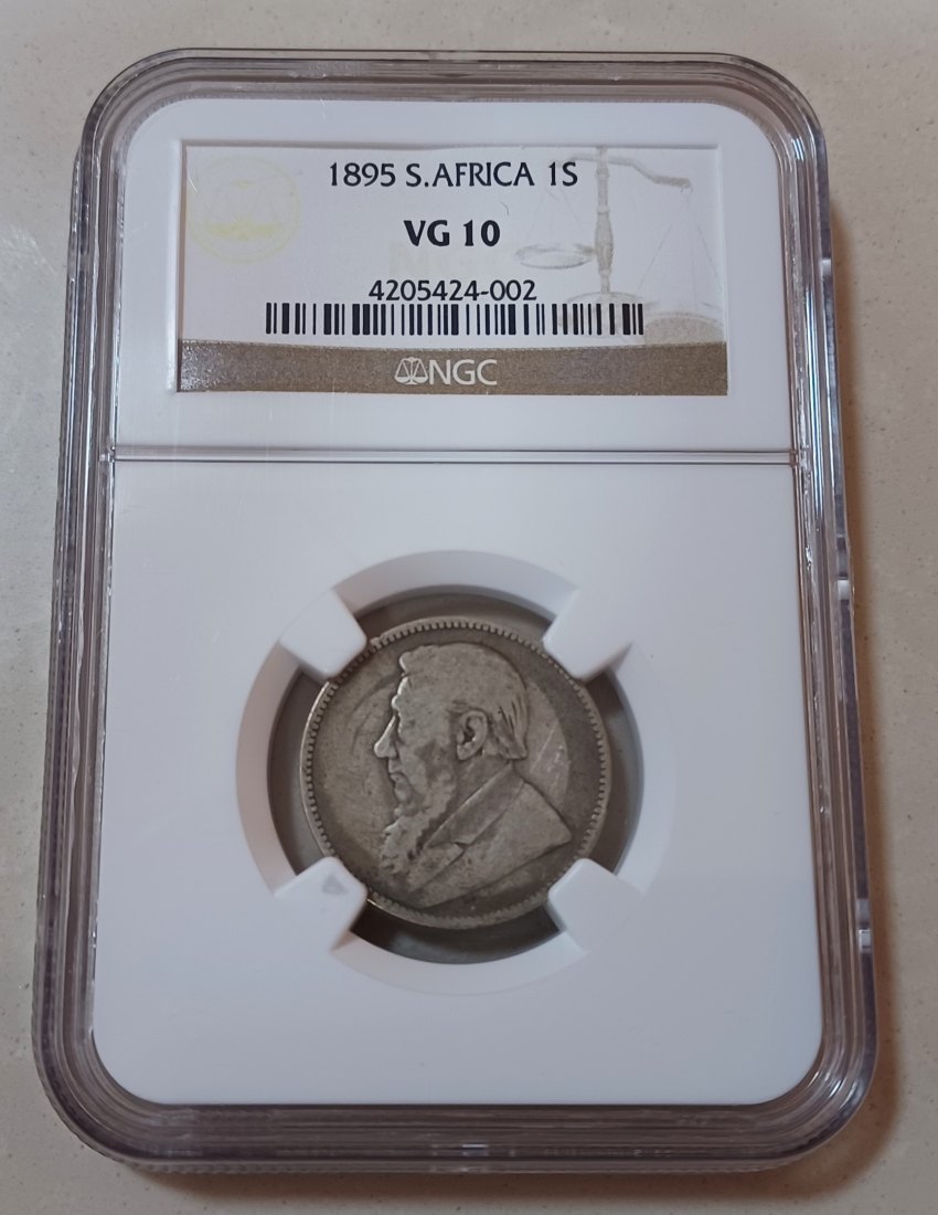 1895 South Africa 92.5% Silver ZAR Paul Kruger One Shilling 1S NGC VG10