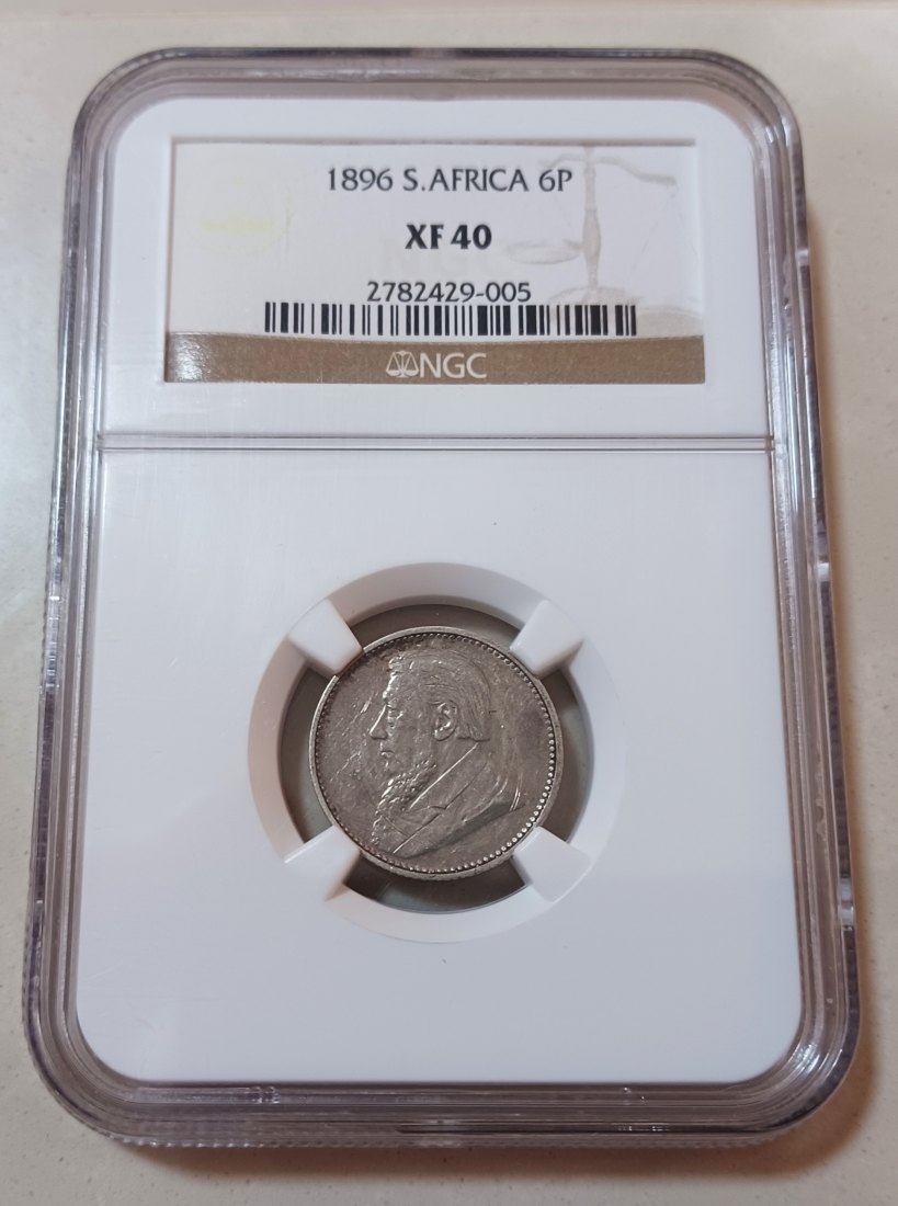 1896 South Africa 92.5% Silver ZAR Paul Kruger Six Pence 6P NGC XF40