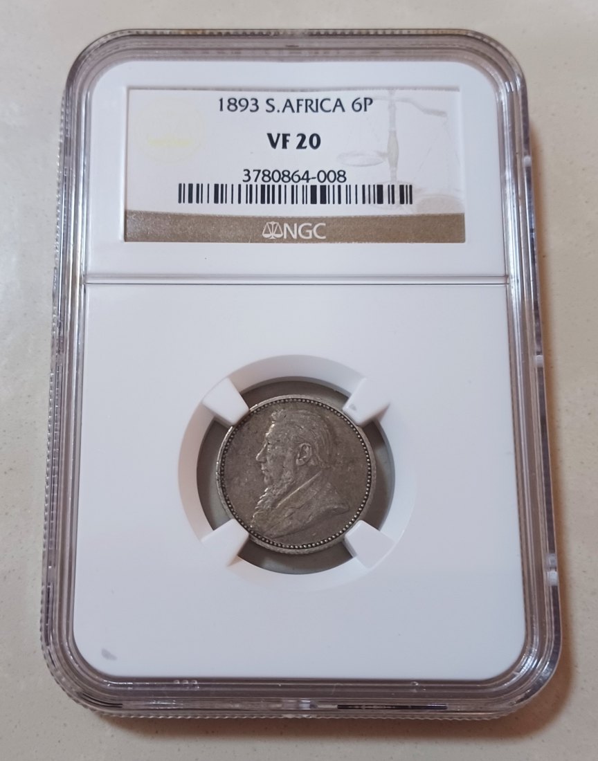 1893 South Africa 92.5% Silver ZAR Paul Kruger Six Pence 6P NGC VF20 Mintage 95,530