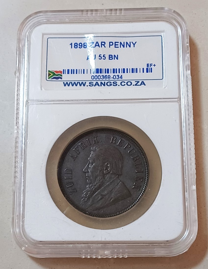 1898 South Africa ZAR Paul Kruger One Penny 1D SANGS AU55BN