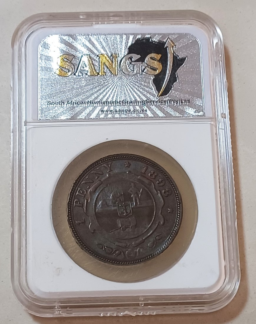  1898 South Africa ZAR Paul Kruger One Penny 1D SANGS AU55BN   