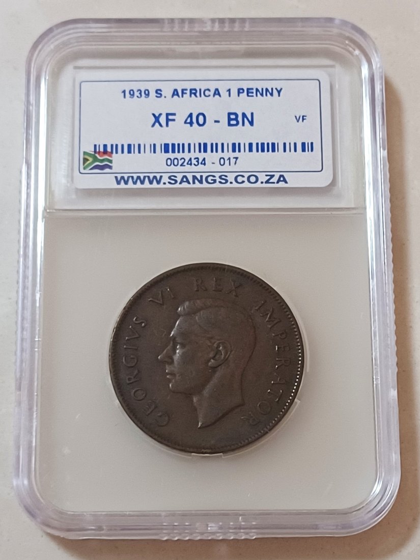 1939 South Africa George VI Bronze One Penny 1P SANGS XF40BN