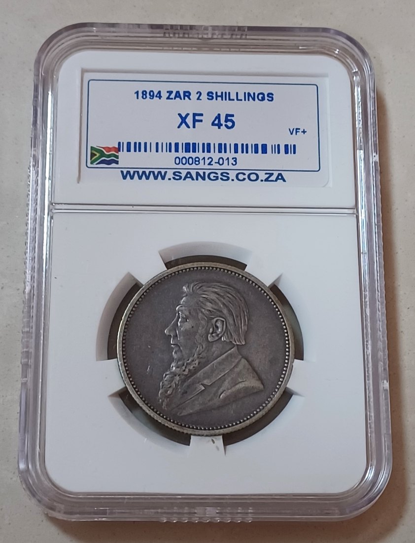 1894 South Africa 92.5% Silver ZAR Paul Kruger Two Shilling 2S SANGS XF45