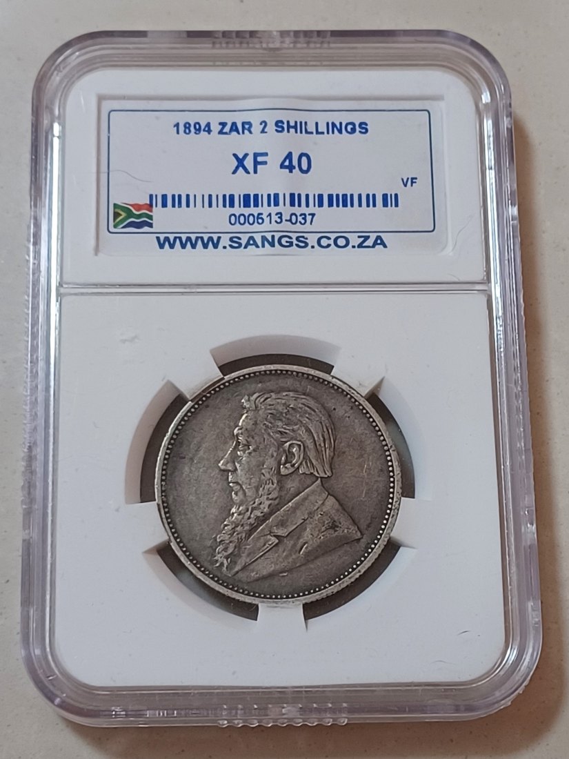 1894 South Africa 92.5% Silver ZAR Paul Kruger Two Shilling 2S SANGS XF40