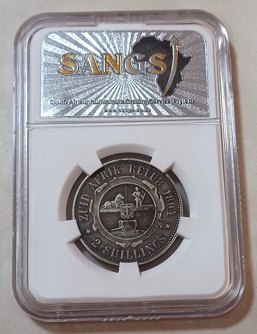  1894 South Africa 92.5% Silver ZAR Paul Kruger Two Shilling 2S SANGS XF40   