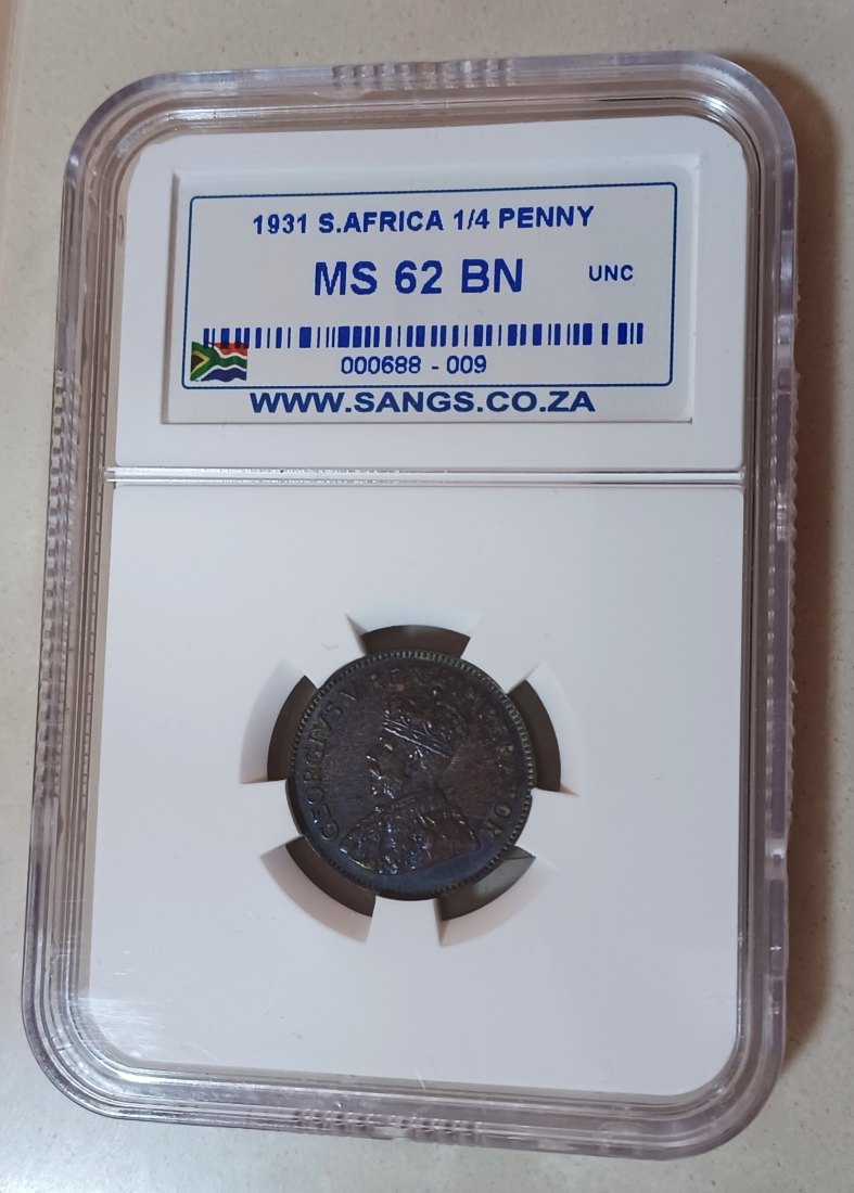  1931 South Africa Sparrows George V Quarter Penny ¼P MINTAGE SANGS MS62BN   