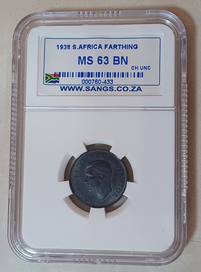  1938 BU UNC South Africa Sparrows George VI Quarter Penny ¼P SANGS MS63BN RARE MINTAGE 51,296   