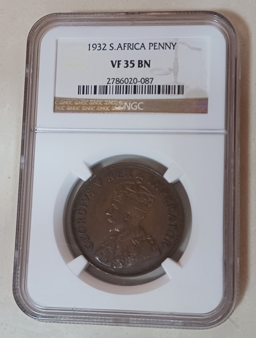 1932 South Africa Dromedaris George V One Penny 1D NGC VF35BN