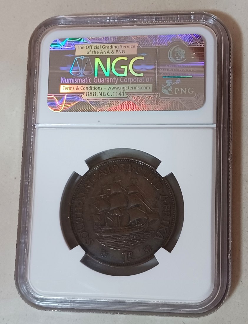  1932 South Africa Dromedaris George V One Penny 1D NGC VF35BN   