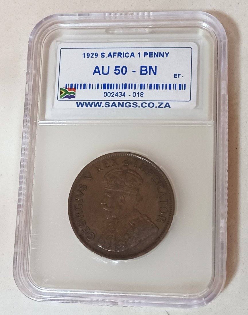 1929 South Africa Dromedaris George V One Penny 1D SANGS AU50BN