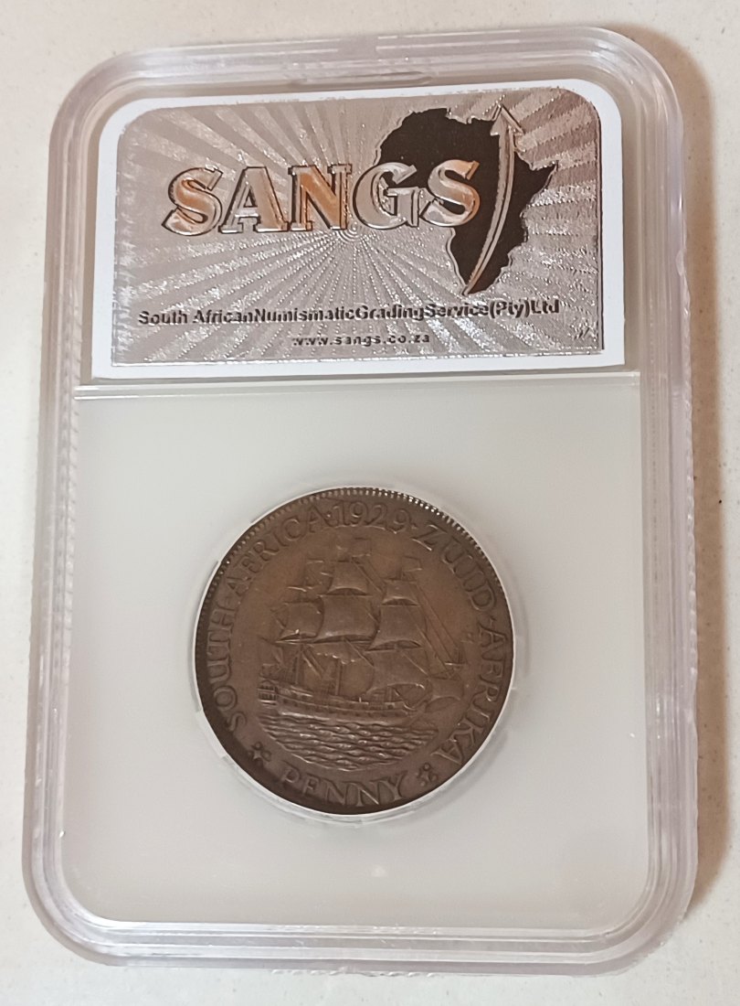  1929 South Africa Dromedaris George V One Penny 1D SANGS AU50BN   