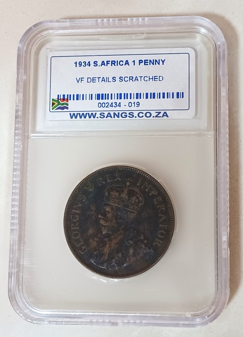 1934 South Africa Dromedaris George V One Penny 1D SANGS VF DETAILS