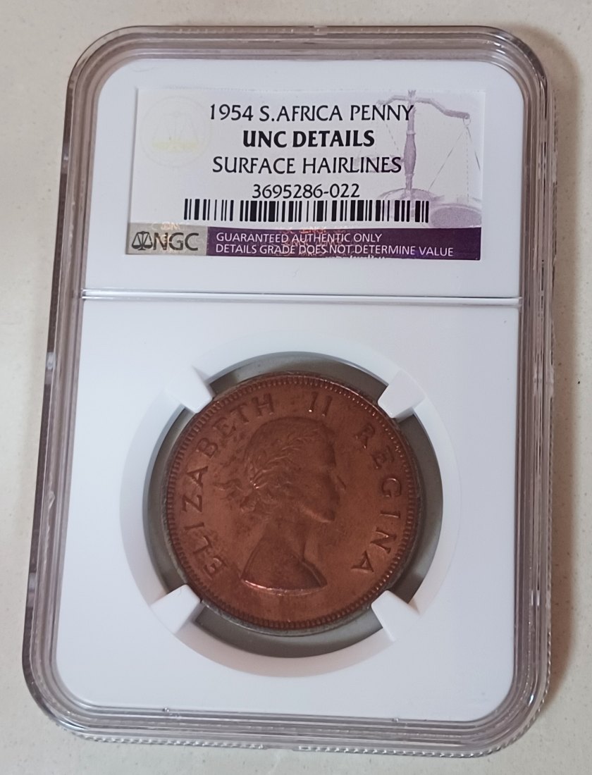 1954 South Africa BU UNC Dromedaris Ship Elizabeth II One Penny 1P NGC UNC DETAILS