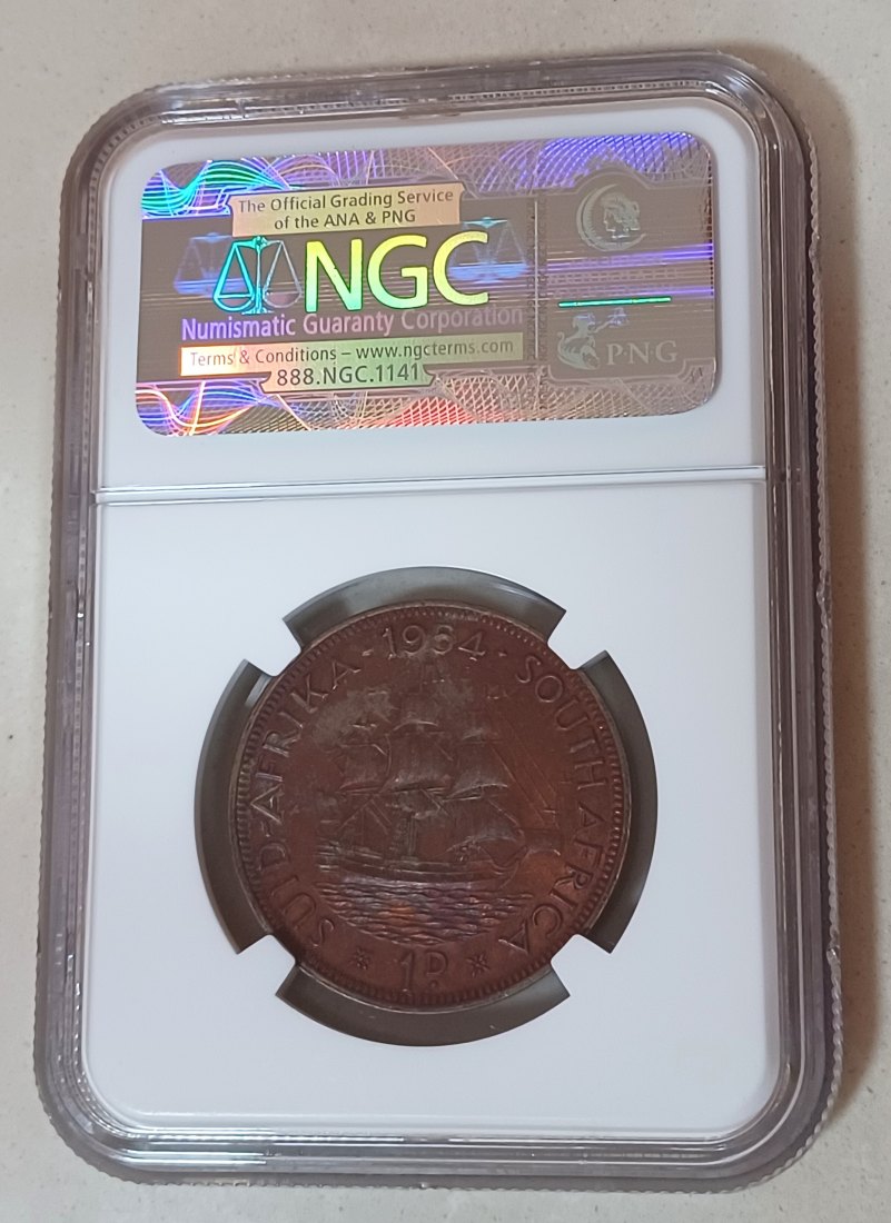  1954 South Africa BU UNC Dromedaris Ship Elizabeth II One Penny 1P NGC UNC DETAILS   