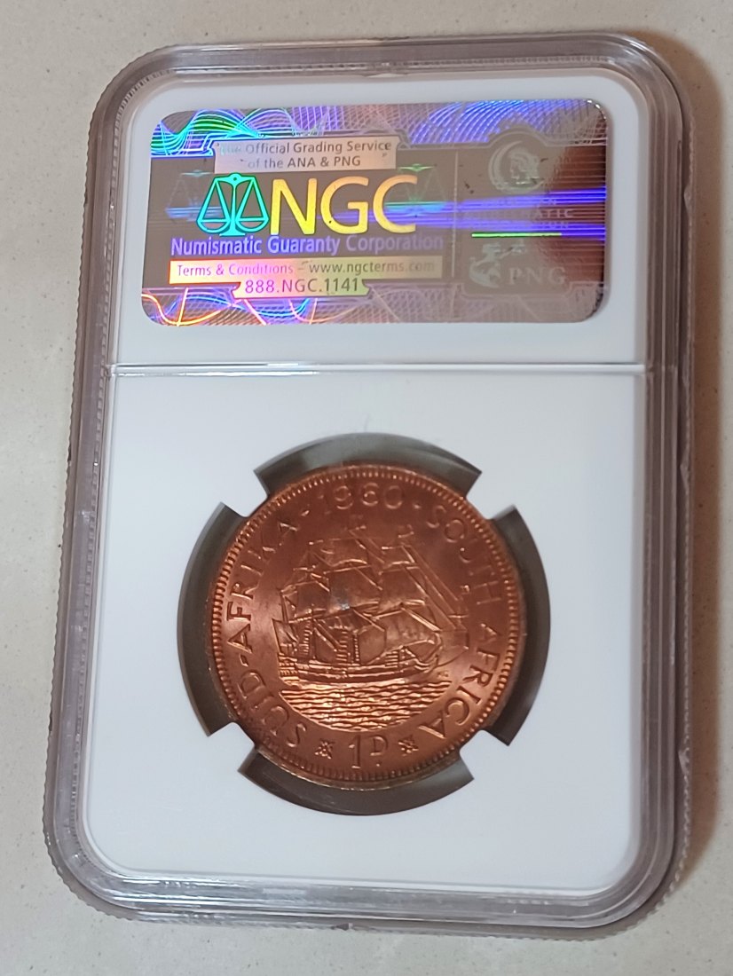  1960 South Africa BU UNC Dromedaris Ship Elizabeth II One Penny 1P NGC MS65BN   