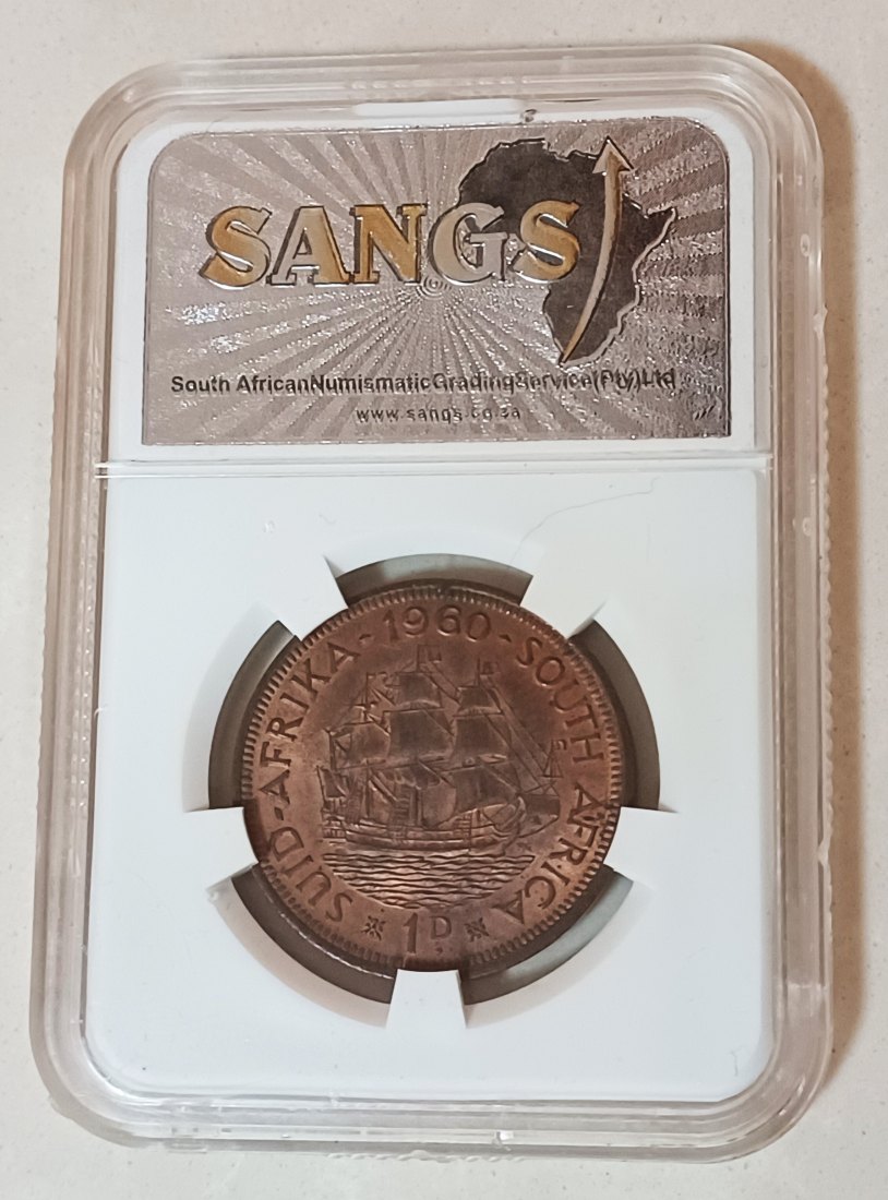  1960 South Africa BU UNC Dromedaris Ship Elizabeth II One Penny 1P SANGS MS62BN   