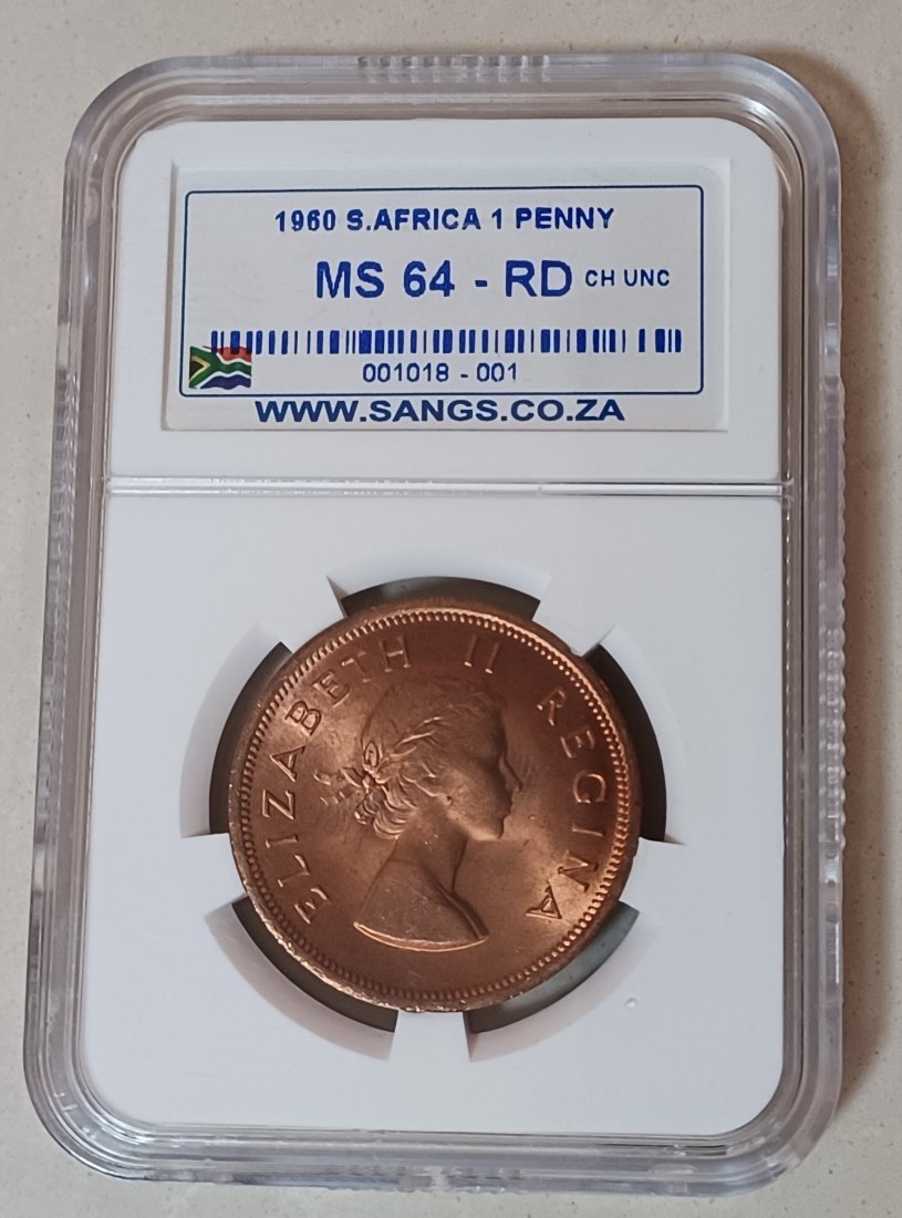 1960 South Africa BU UNC Dromedaris Ship Elizabeth II One Penny 1P SANGS MS64RD