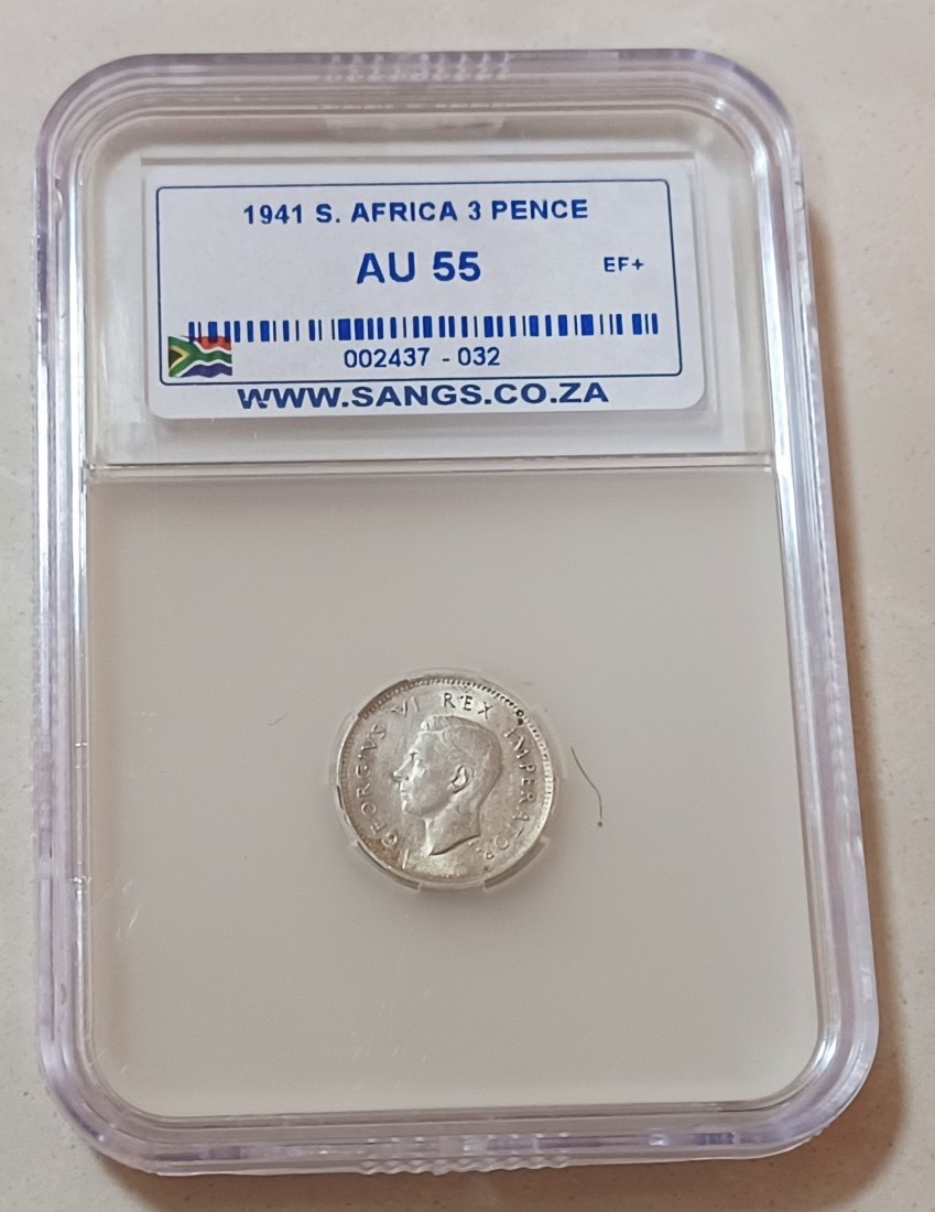 1941 South Africa 80% Silver George VI Three Pence 3P SANGS AU55