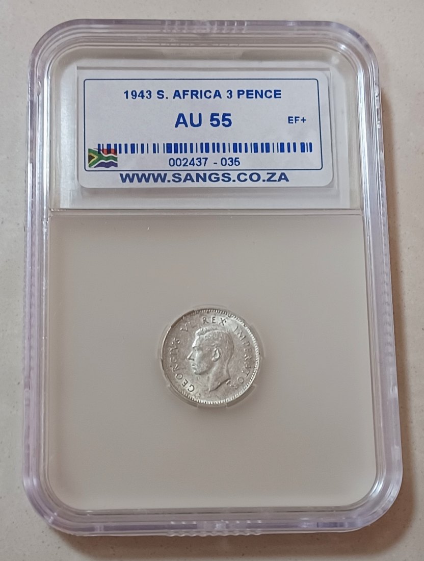 1943 South Africa 80% Silver George VI Three Pence 3P SANGS AU55