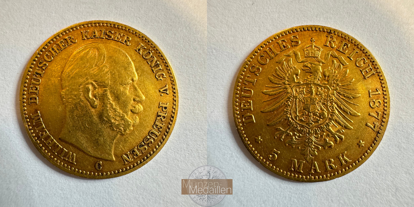 Preussen Kaiserreich, Wilhelm I MM-Frankfurt KM#507 Feingold: 1,79g 5 Mark (1877-1878) 1877 C 