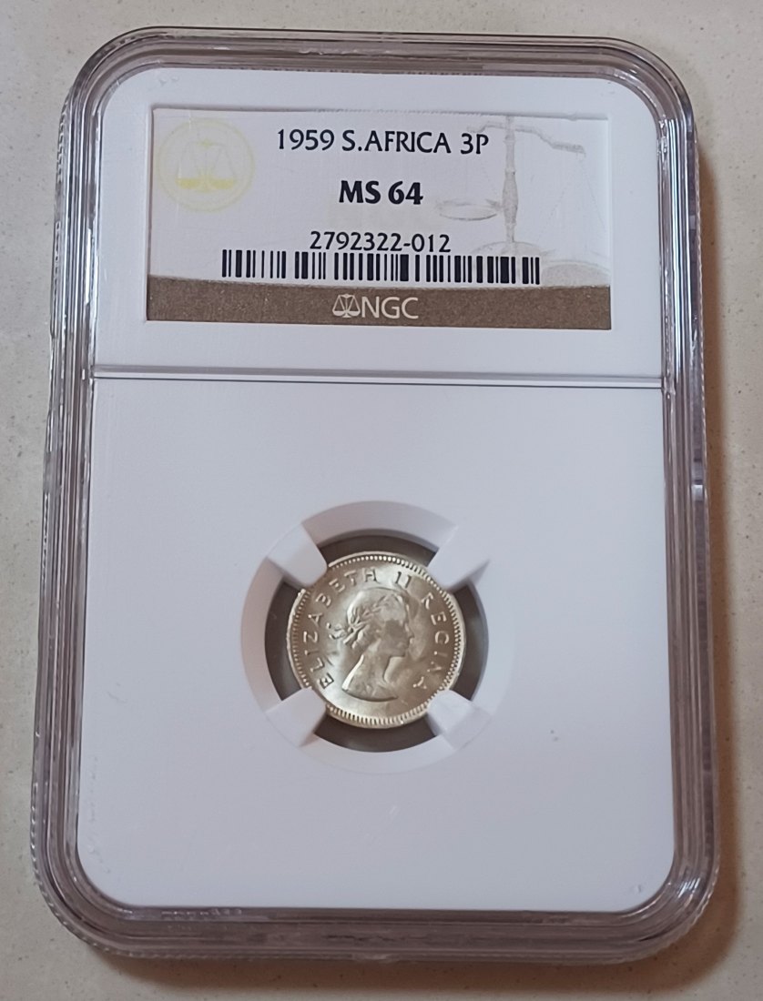 1959 BU UNC South Africa 50% Silver Elizabeth II Three Pence 3P NGC MS64