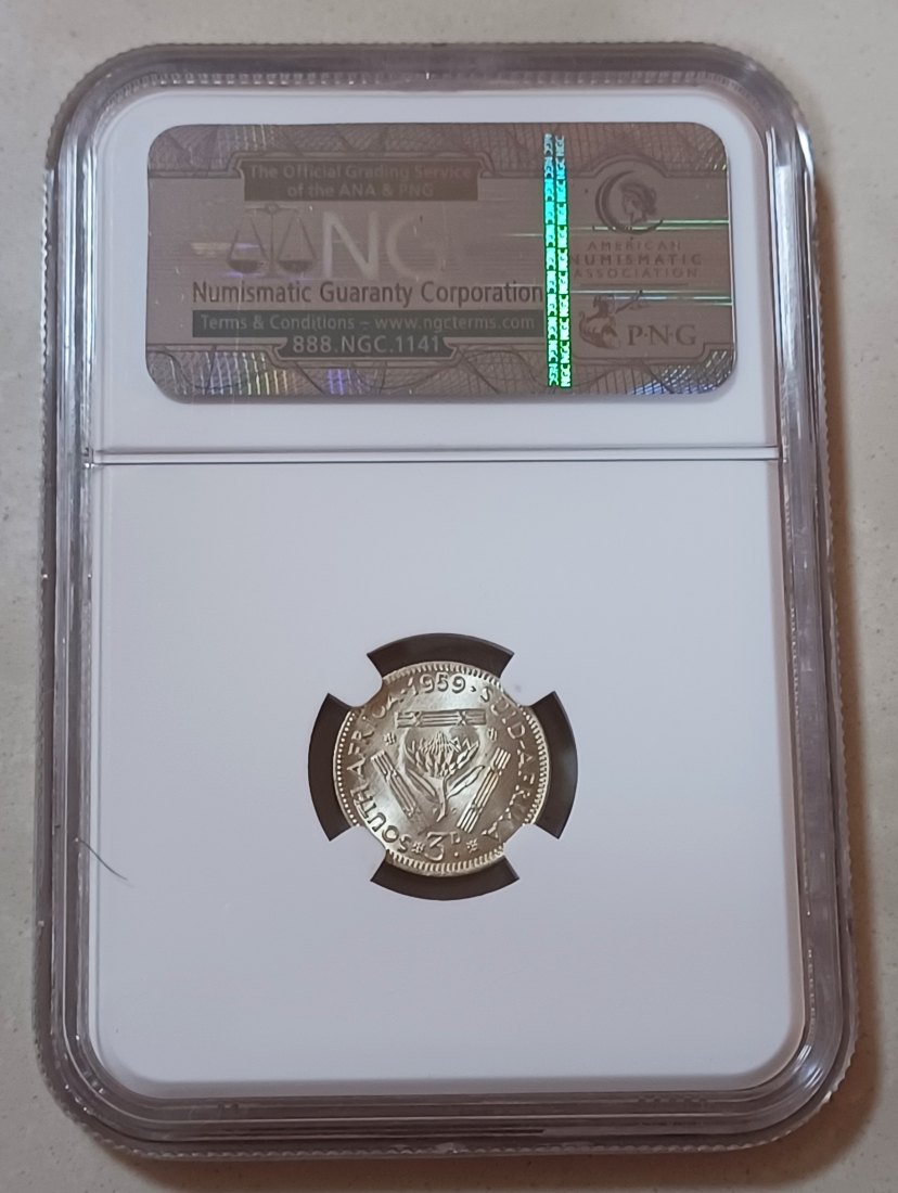  1959 BU UNC South Africa 50% Silver Elizabeth II Three Pence 3P NGC MS64   