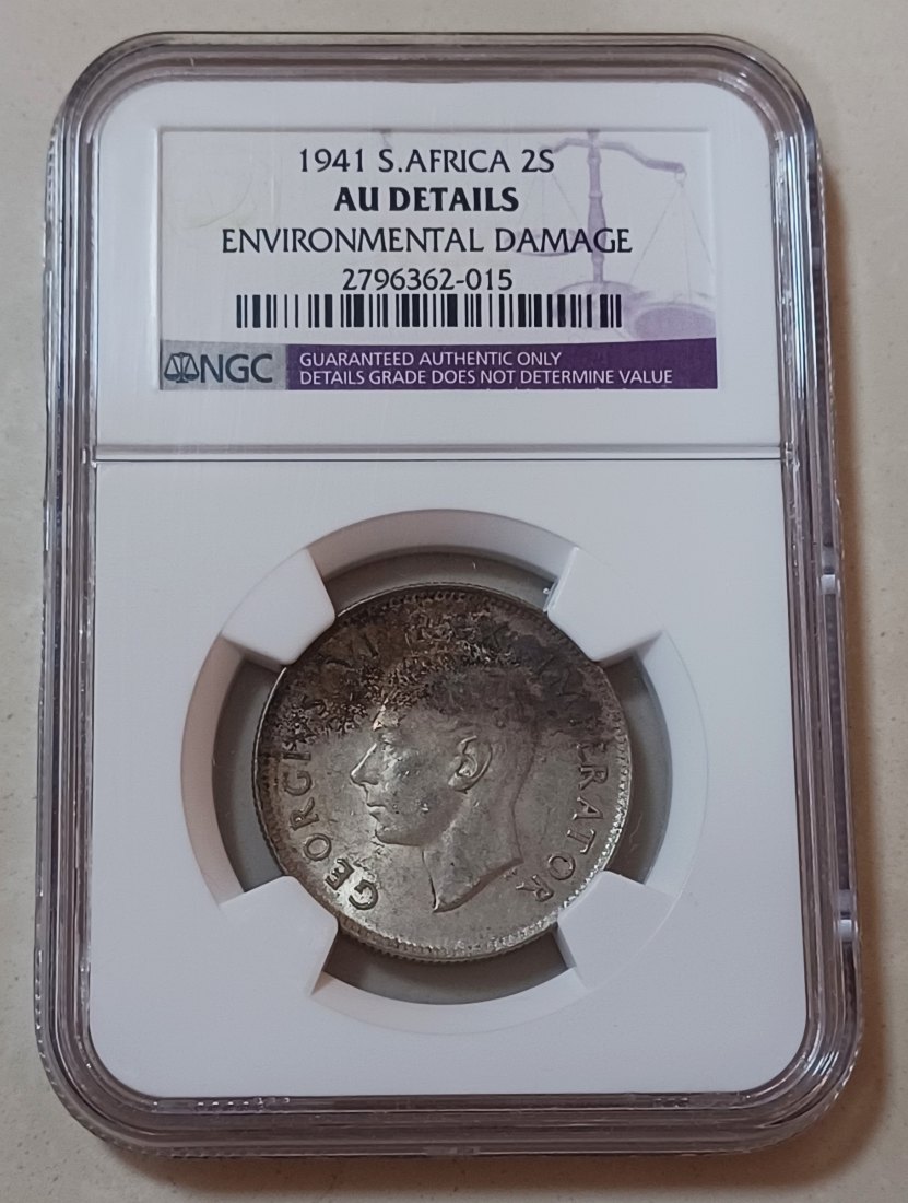  1941 South Africa 80% Silver George VI Two Shilling 2S NGC AU DETAILS   