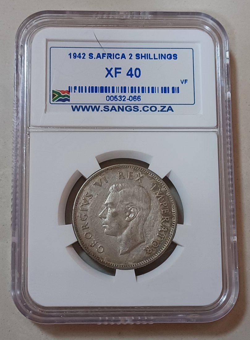  1942 South Africa 80% Silver George VI Two Shilling 2S SANGS XF40   