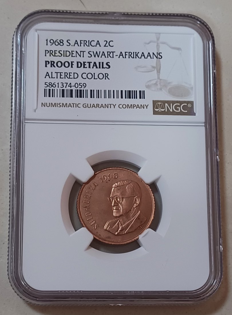 1968 BU UNC South Africa Wildebeest Swart Two Cents 2c NGC Proof Details Afrikaans Legend