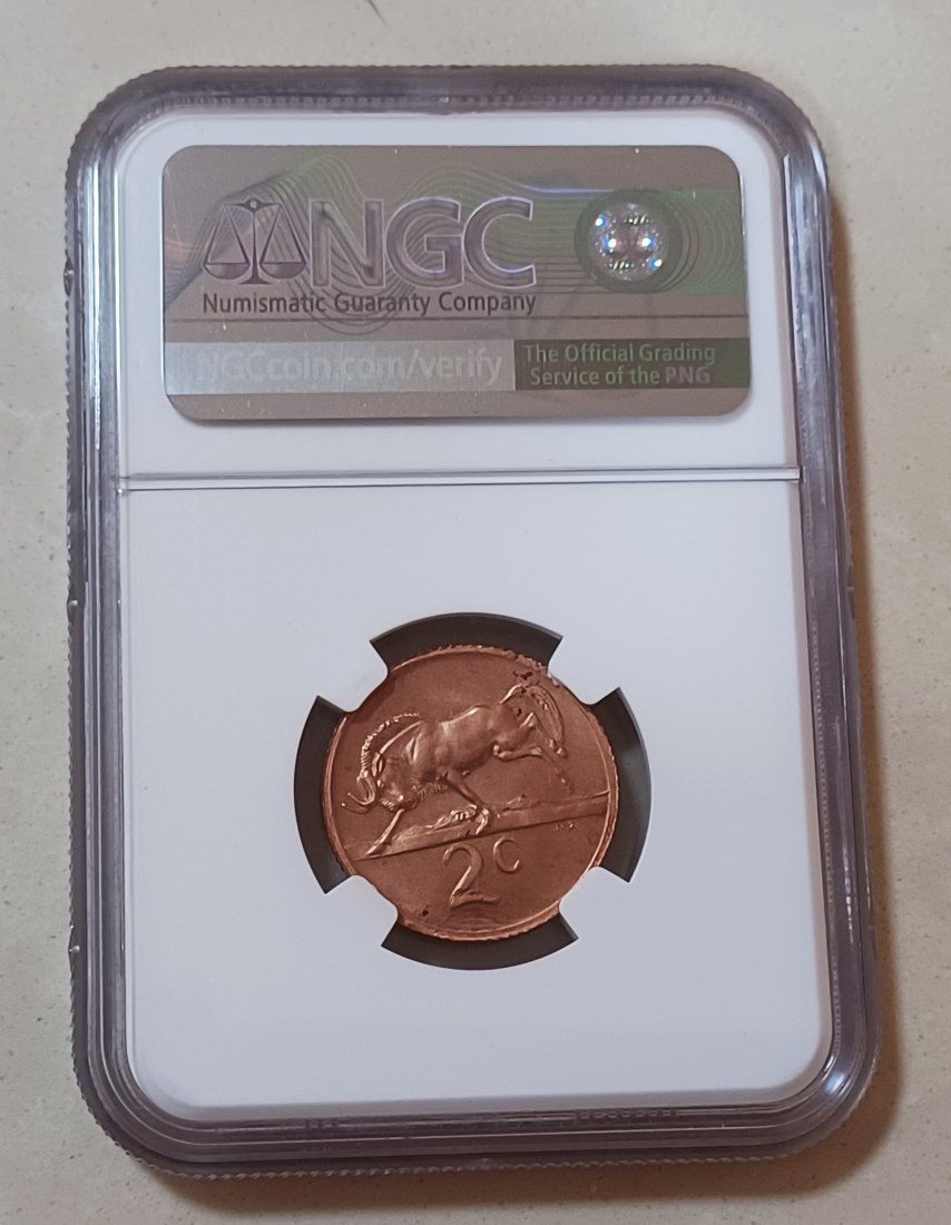  1968 BU UNC South Africa Wildebeest Swart Two Cents 2c NGC Proof Details Afrikaans Legend   