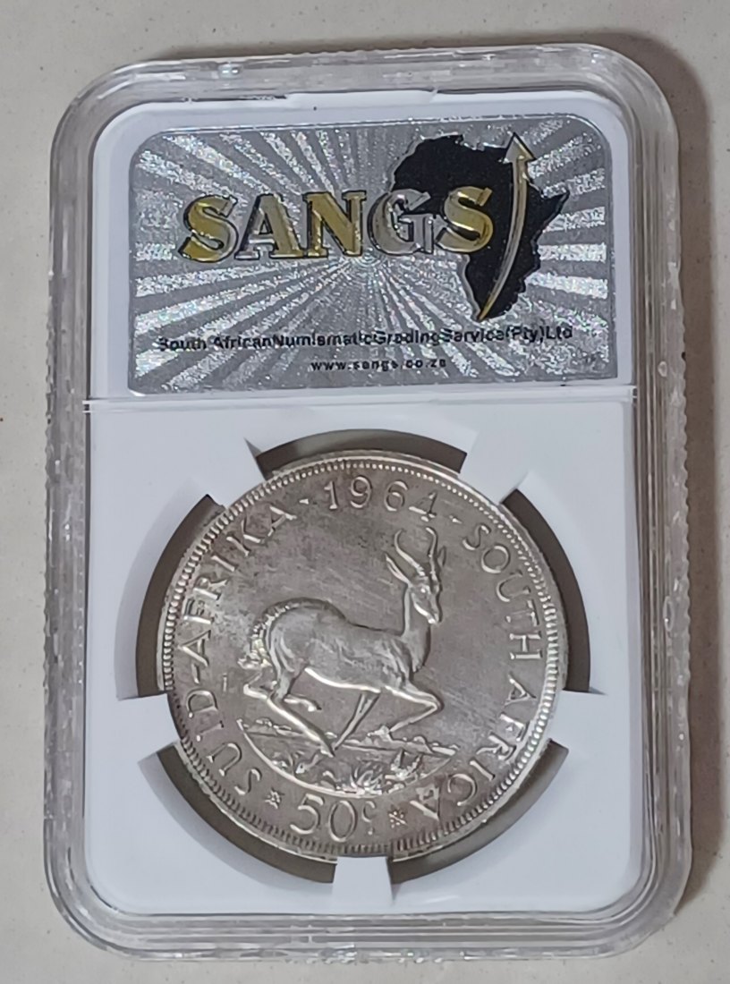  1964 South Africa PROOF 50% Silver Springbok Five Shilling CROWN 5S SANGS PF64 MINTAGE 16,000   