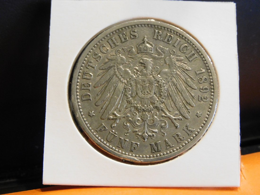  GERMANY 5 MARK 1892 PRUSSIA.GRADE-PLEASE SEE PHOTOS.   