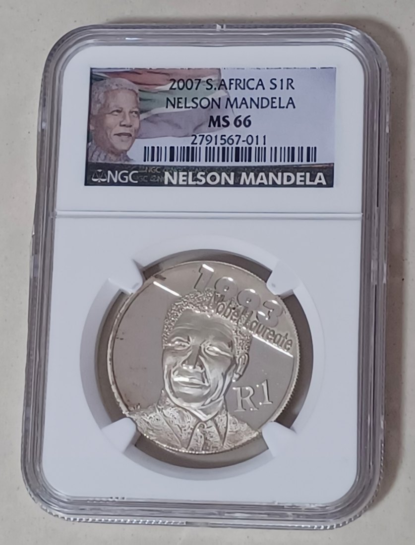 2007 South Africa UNC Nelson Mandela One Rand R1 NGC MS66 SPECIAL LABEL MINTED 4,061 92.5% Silver