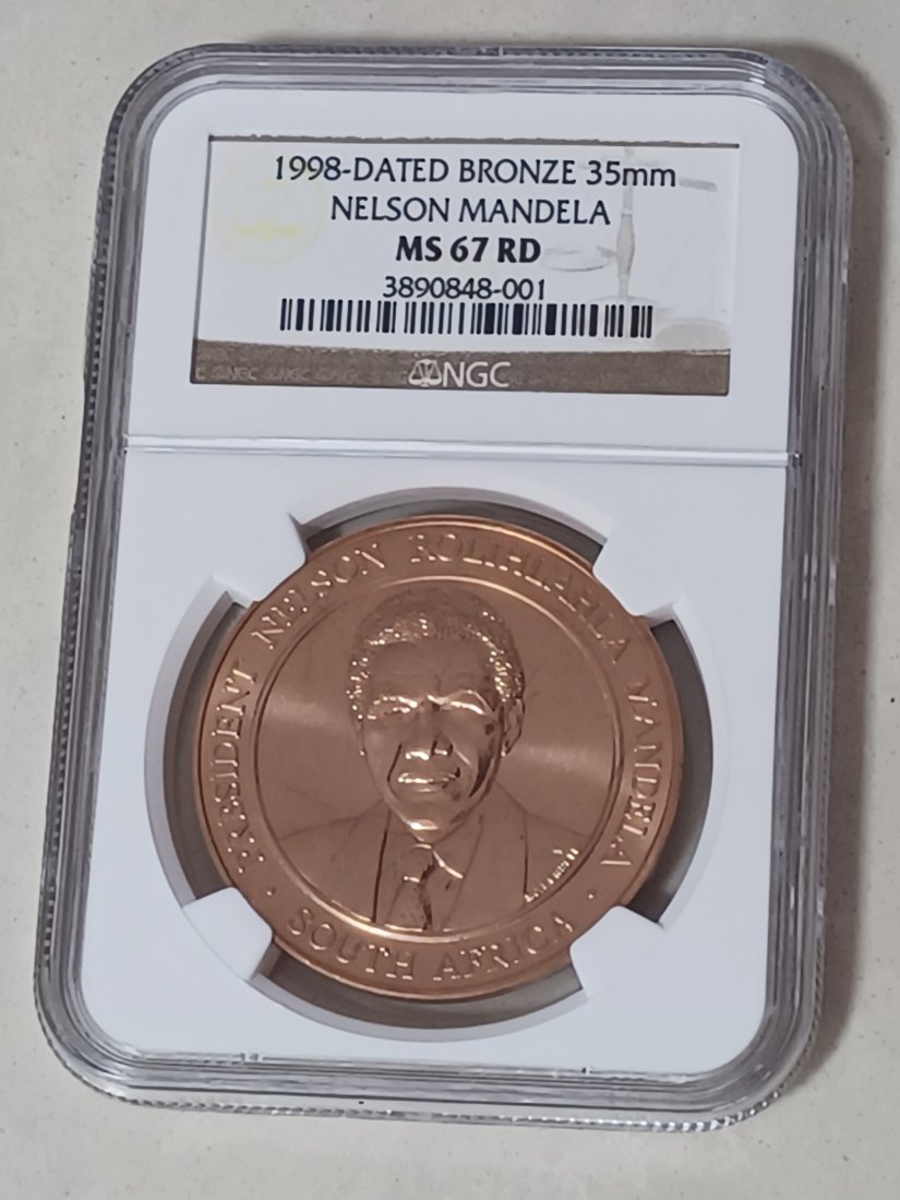  1998 President Nelson Mandela of South Africa Victory over Apartheid Bronze 35mm Medal NGC MS67RD   