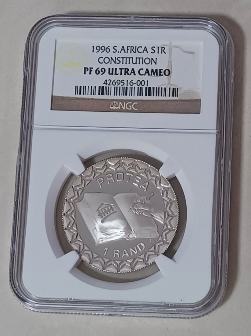  1996 South Africa PROOF Constitution One Rand R1 NGC PF69UC MINTAGE 2,931 92.5% Silver VERY RARE   