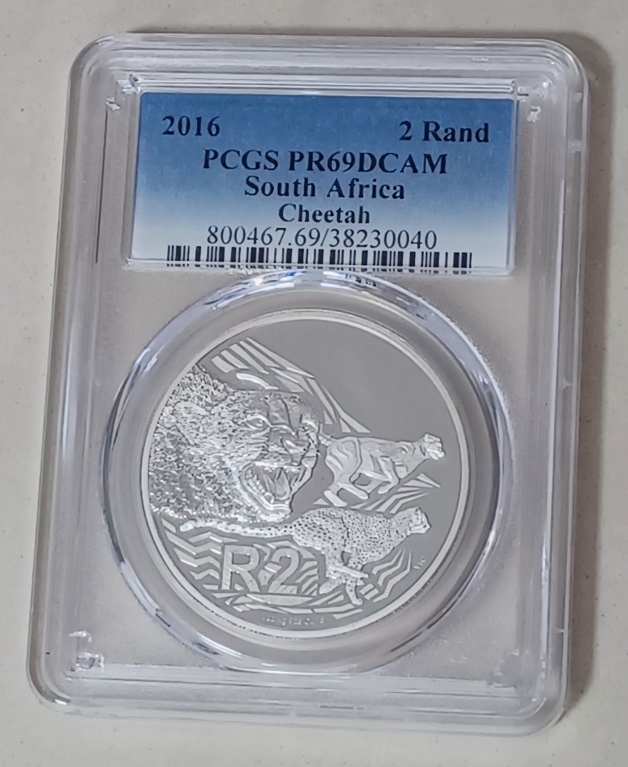 2016 South Africa PROOF Cheetah TWO Rand R2 PCGS PR69DCAM MINTED 5,396 92.5% Silver 2ND HIGHEST GRAD