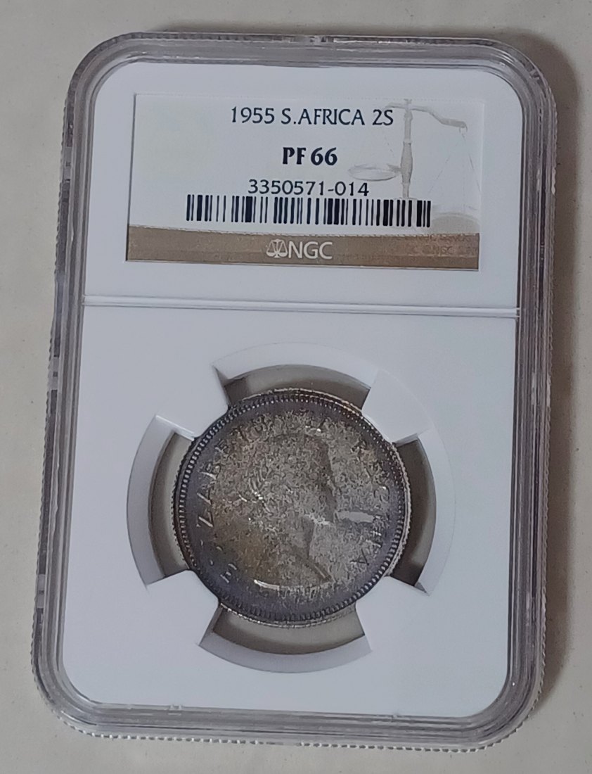 1955 South Africa PROOF 50% Silver Elizabeth II 2 Shillings 2S NGC PF66 MINTAGE 2,850 2ND HIGHEST