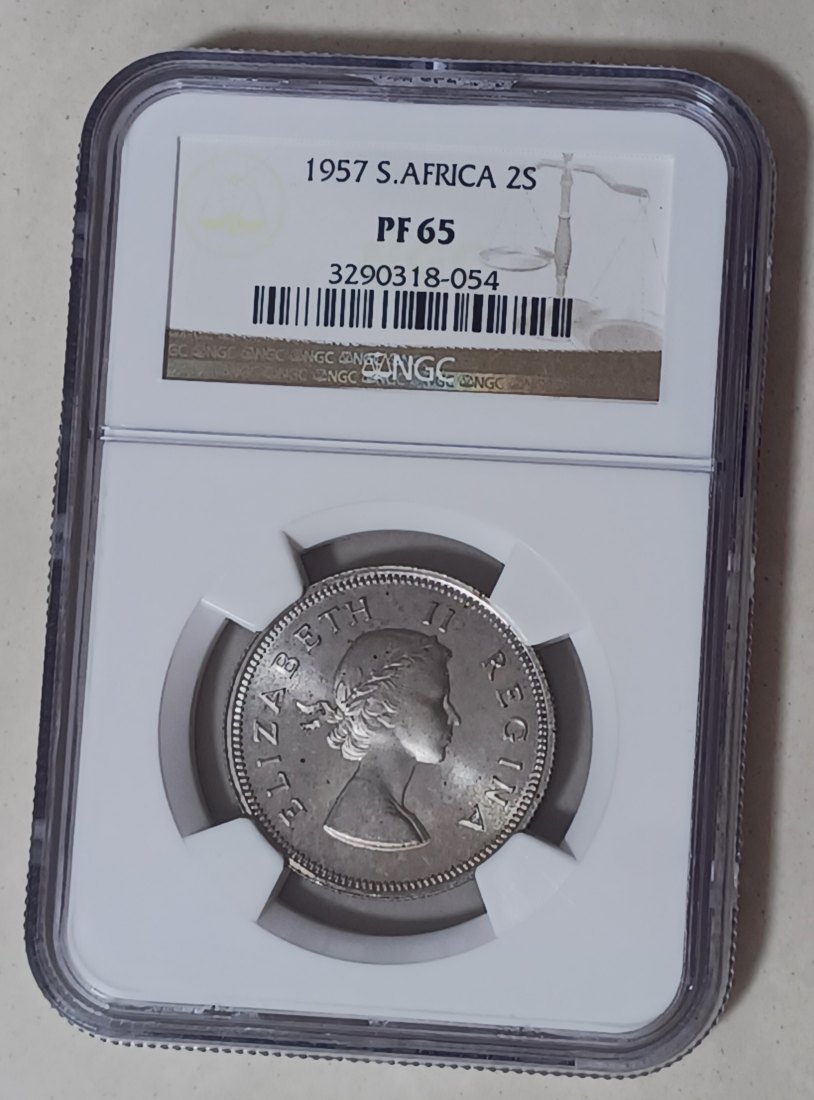 1957 South Africa PROOF 50% Silver Elizabeth II 2 Shillings 2S NGC PF65 MINTAGE 1,130 VERY RARE