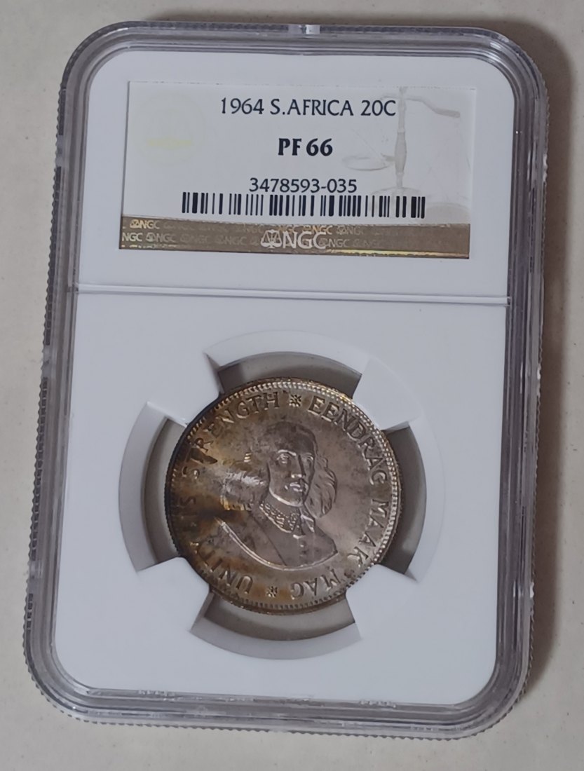 1964 South Africa PROOF Van Riebeek Twenty Cent 20c NGC PF66 MINTAGE 16,000 50% Silver