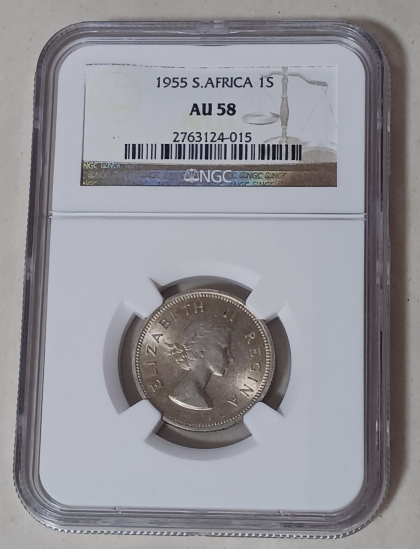 1955 South Africa George VI One Shilling 1S NGC AU58 50% Silver