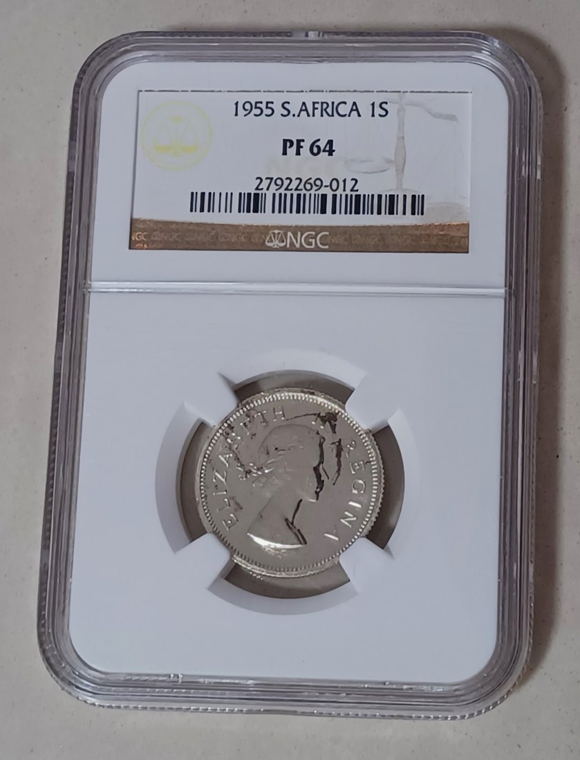 1955 PROOF South Africa Elizabeth II One Shilling 1S NGC PF64 MINTAGE 2,850 VERY RARE 50% Silver