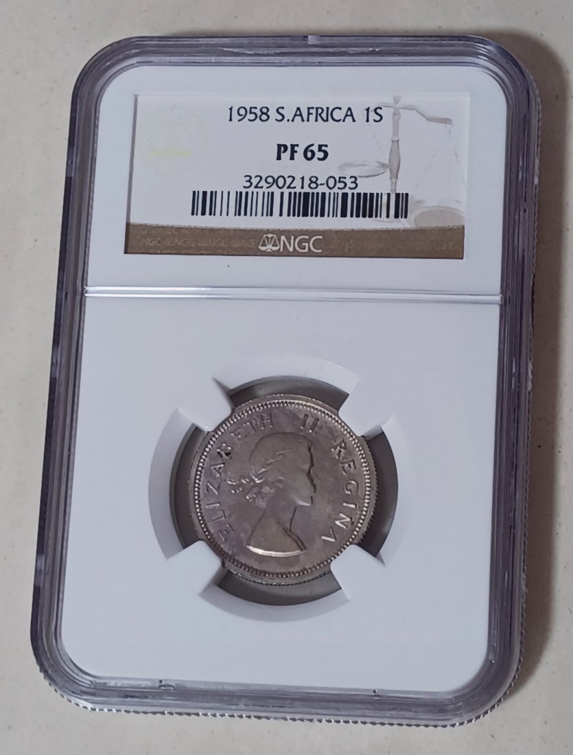 EXTREMELY RARE 1958 South Africa PROOF Elizabeth II One Shilling 1S NGC PF65 MINTAGE 985 50% Silver