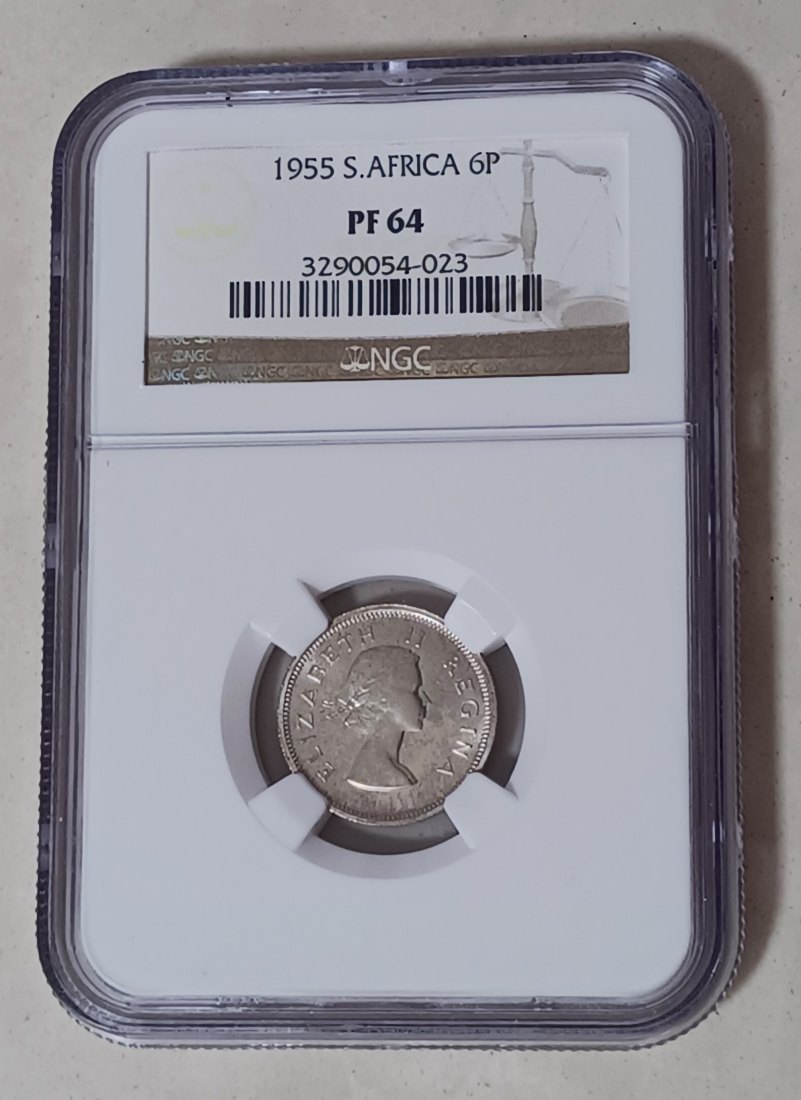 VERY RARE 1955 South Africa PROOF Elizabeth II Six Pence 6P NGC PF64 MINTAGE 2,850 50% Silver