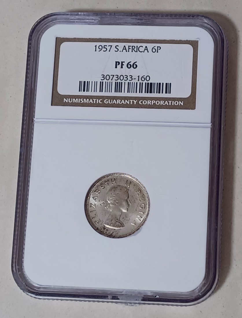 EXTREMELY RARE 1957 South Africa PROOF Elizabeth II Six Pence 6P NGC PF66 MINTAGE 1,130 50% Silver