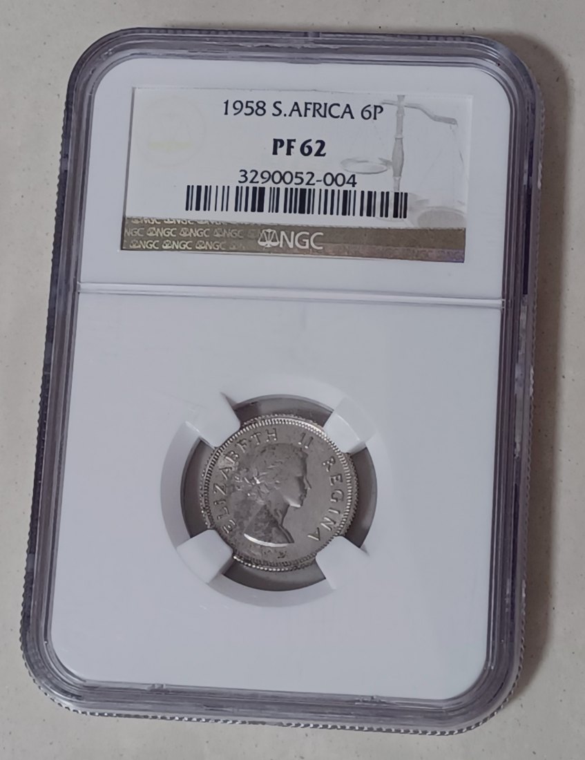 EXTREMELY RARE 1958 South Africa PROOF Elizabeth II Six Pence 6P NGC PF62 MINTAGE 985 50% Silver