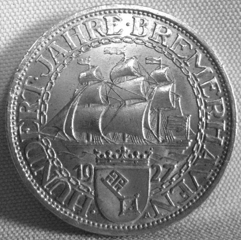  Weimar, 3 Mark 1927 A, Bremerhafen, J 325   