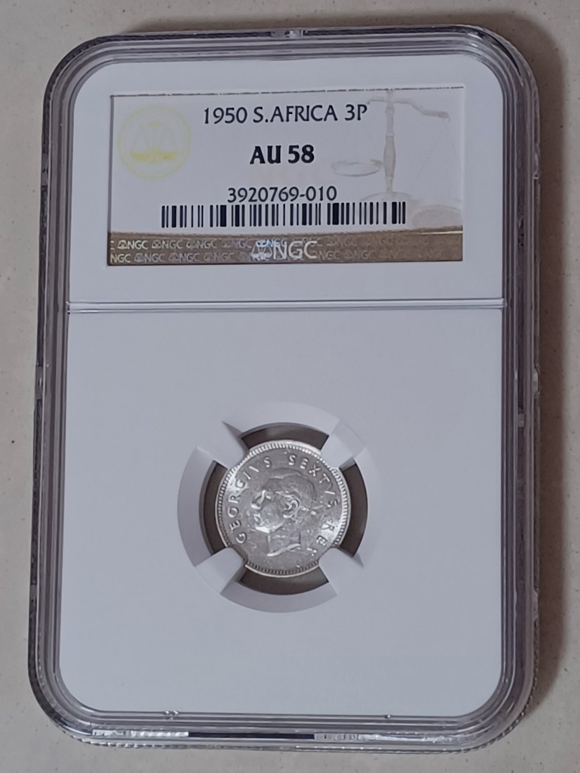  1950 South Africa George VI Three Pence 3P  NGC AU58 80% Silver   