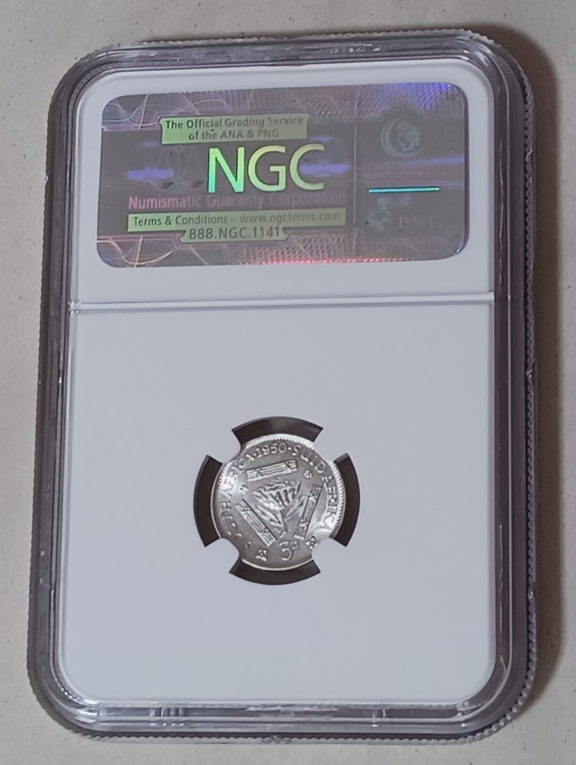  1950 South Africa George VI Three Pence 3P  NGC AU58 80% Silver   