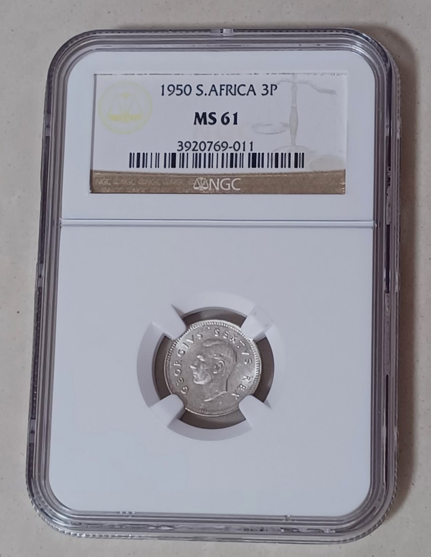  1950 BU UNC South Africa George VI Three Pence 3P  NGC MS61 80% Silver   