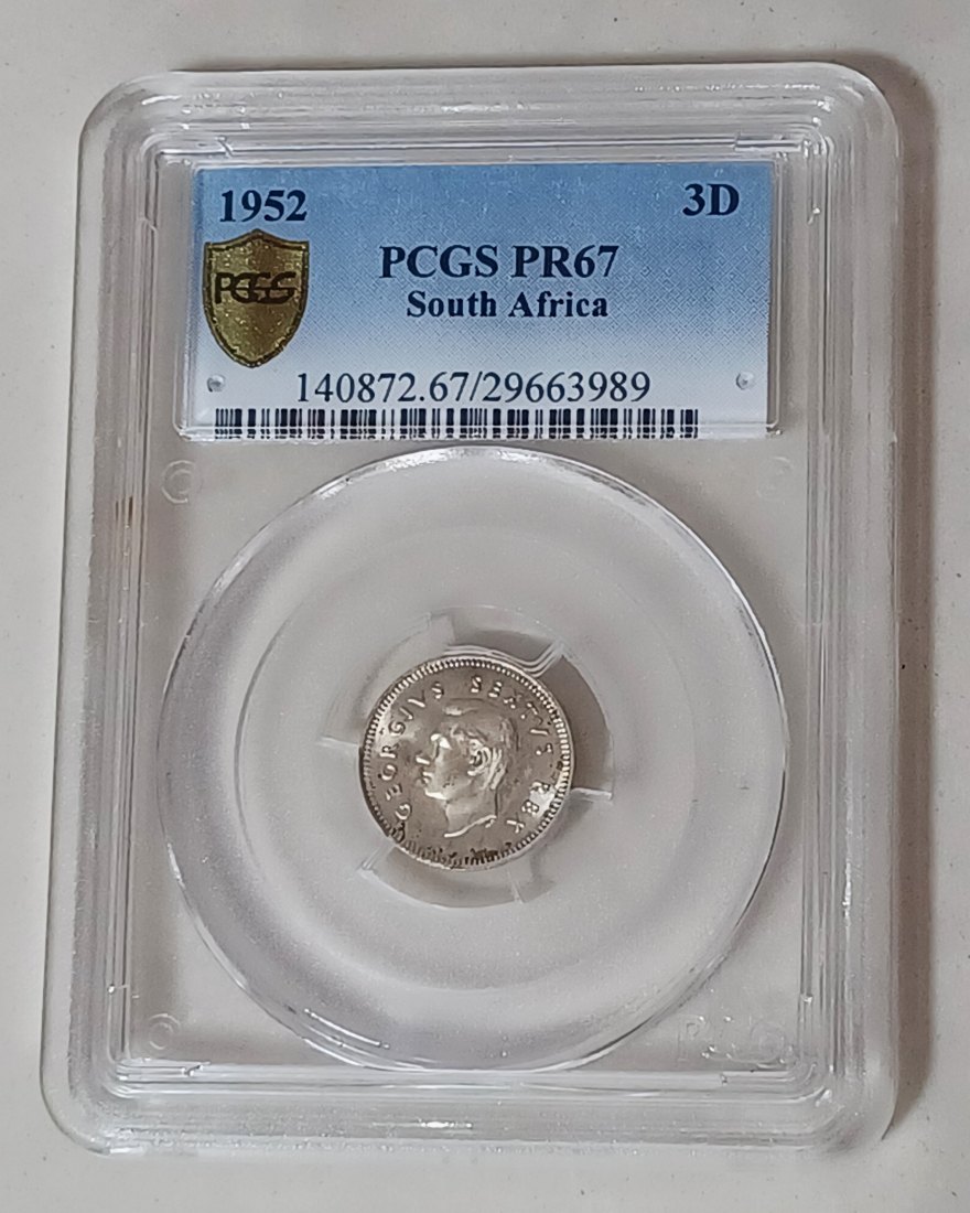  1952 South Africa PROOF George VI Three Pence 3P PCGS PR67 MINTAGE 16,000 2ND HIGHEST 50% Silver   